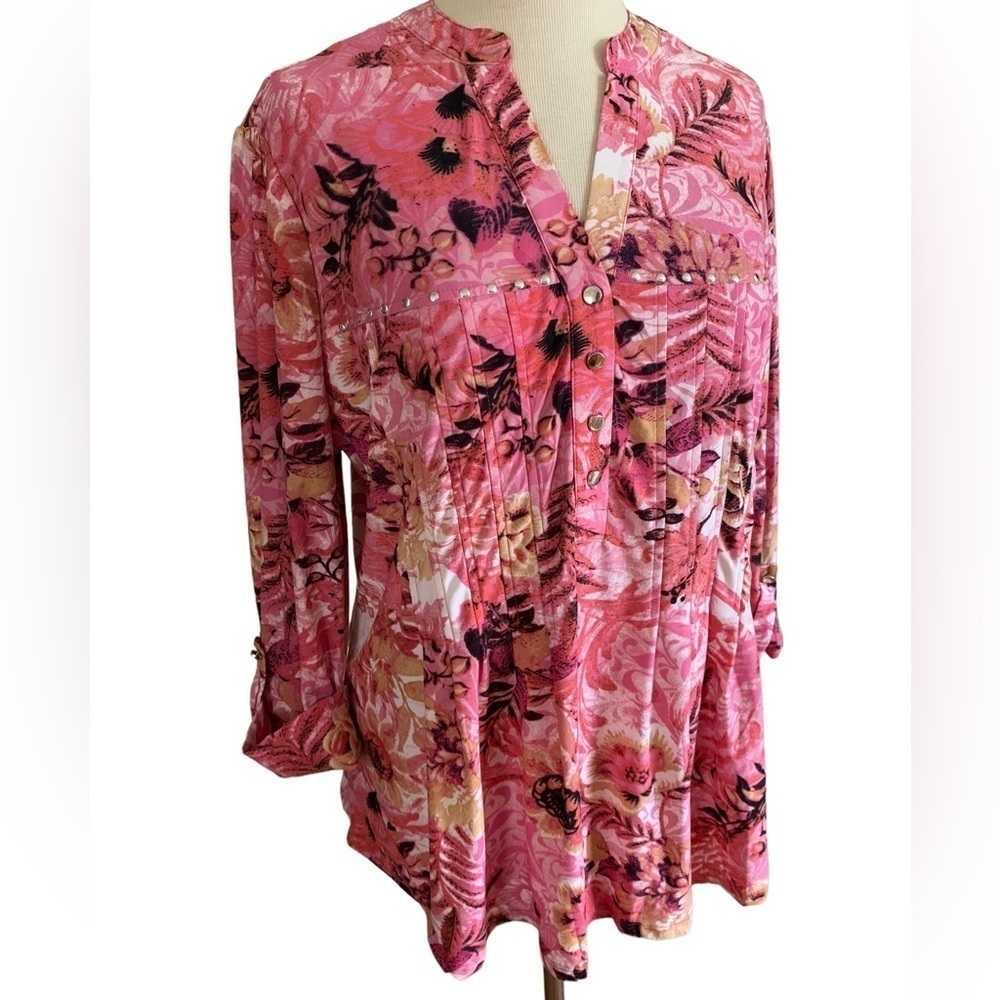 COCOMO 1X Pink Floral Plus Size 3/4 sleeve women’s Pintuck Blouse top sh… - Picture 3 of 12